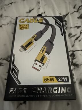 4-in-1 Fast Charge Flat Wire USB-A to USB-C & Cable 1.2M Black/Yellow